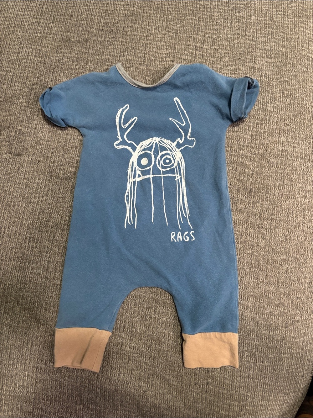 Rags to Raches Blue Kids One-Piece with White Antler Graphic and Tan Cuffs